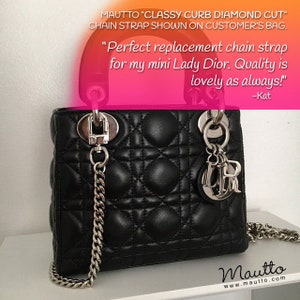 Lady Dior bag shown with a Mautto silver fancy cuban link chain strap and swiveling clips. Shoulder to cross body strap positions.