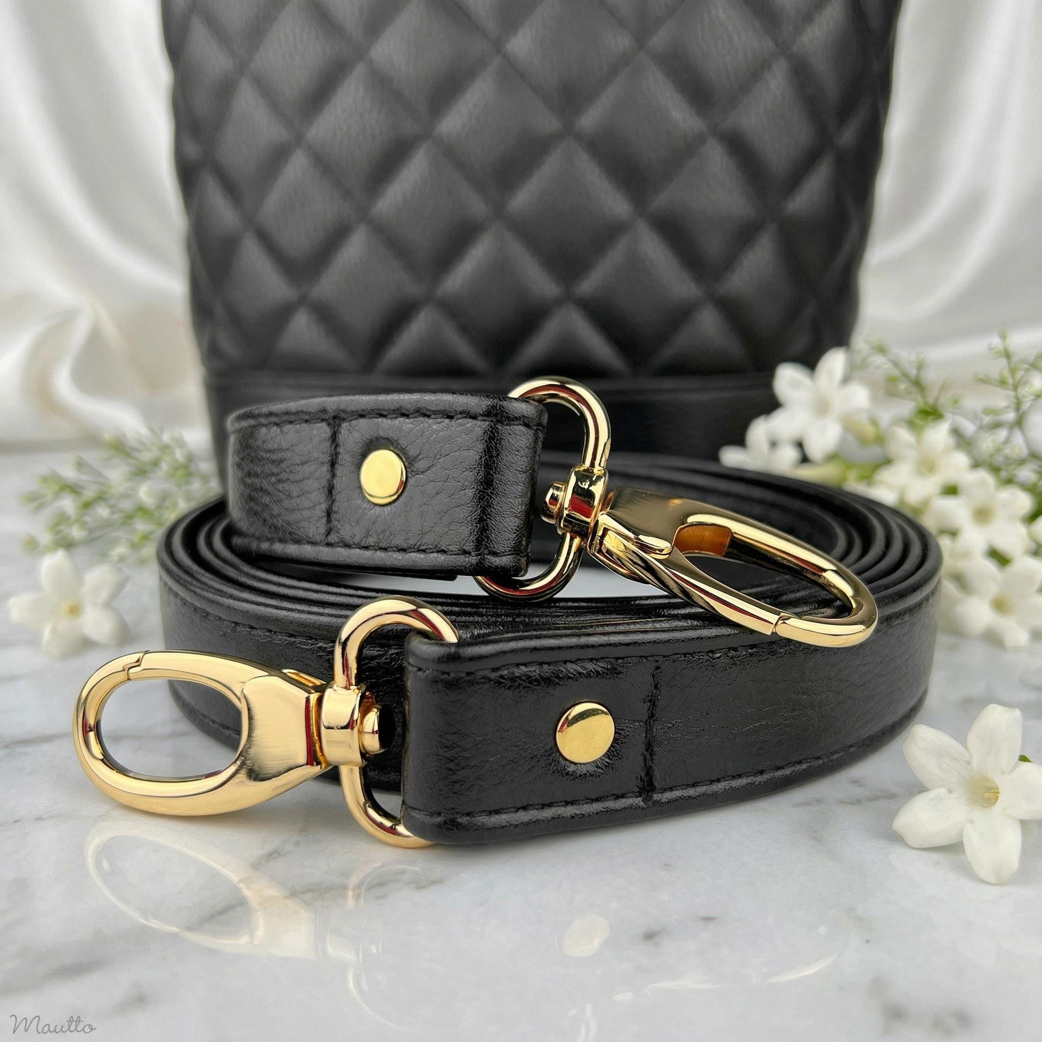 ブラック ハンドバッグ レザー シルバー金具 Shiny Black Pebble Leather Bag Strap – Custom Length, Metal Clasps