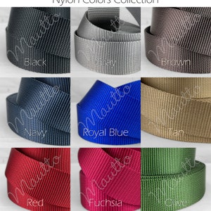 Extra wide, guitar-style strap for handbags and purses. Soft and thick nylon material with heavy duty hardware. Adjustable from shoulder to cross body positions. Colors from black, brown, navy, fuchsia, red, blue and more. Color swatches.