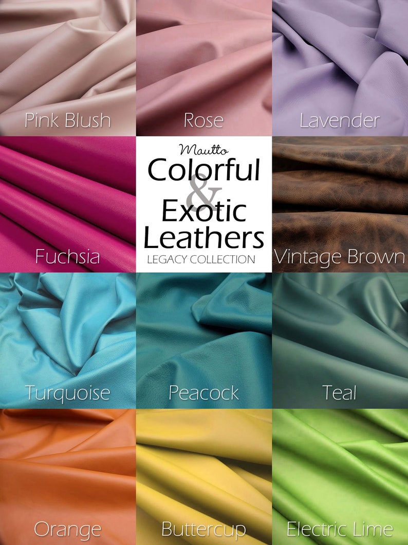 Leather color grid of exotic and colorful options from pinks, purples, green, teal, orange, fuchsia, magenta and more.