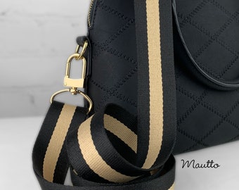 Black & Tan Strap for Bags - 1.5" Wide Nylon - Adjustable Length, Shoulder to Crossbody Positions - Choose Clip Style / Finish