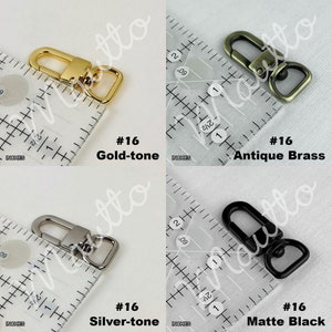 Photos of swiveling clasp choices for customizable red leather bag straps.