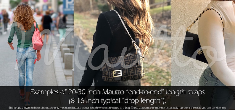 Photos of people wearing short length shoulder straps.
