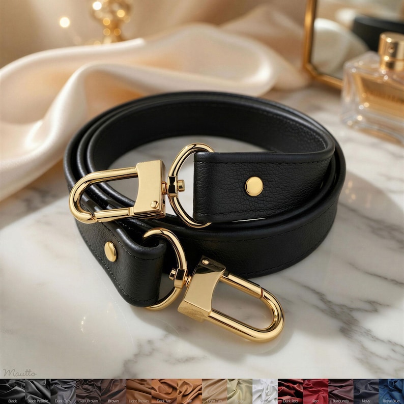 Photo of black pebbled textured leather strap for handbags of all sizes.