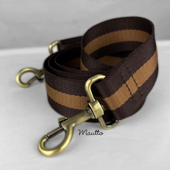 Dark Brown & Gold Strap for Bags - 1.5 Wide Nylon - Adjustable Length -  Dog Leash Style #19 Hooks