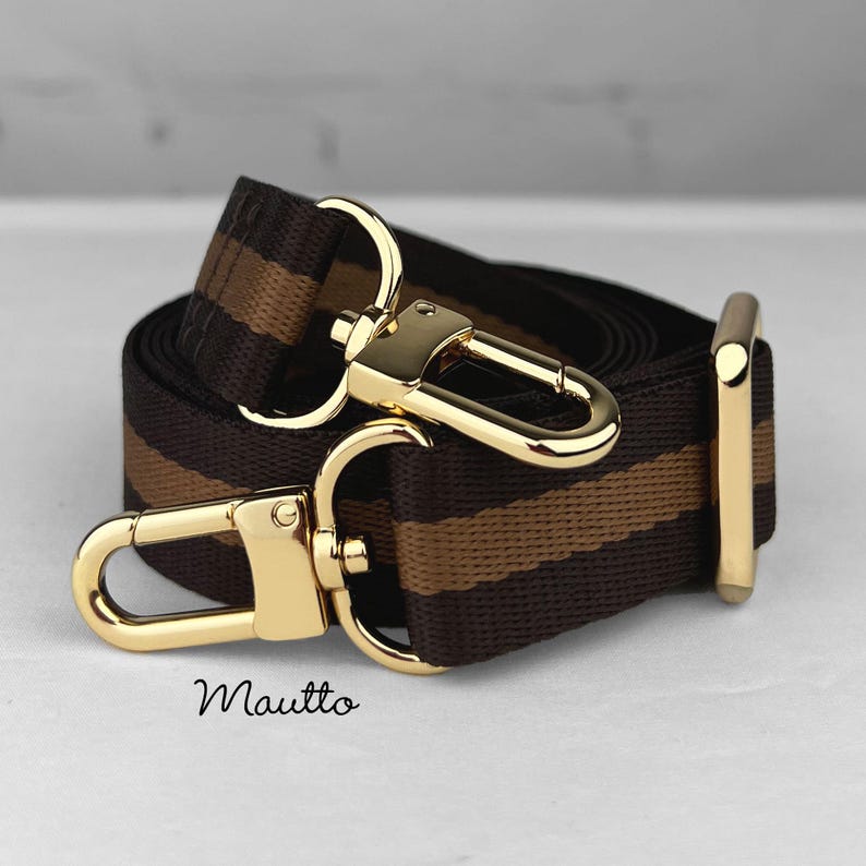 Photo of DE colorway fabric strap with gold clips. Petite size fabric strap.