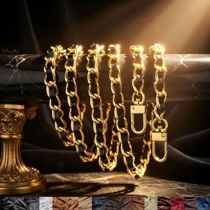 Bandoulière chaîne dorée - Cuir tissé à maillons métalliques, fait main