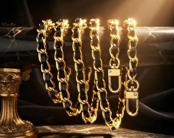 Gouden kettingtasriem – leren geweven metalen schakel, handgemaakt
