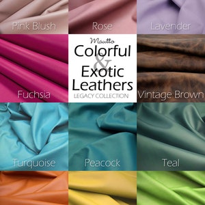 Genuine leather colors grid of swatches, with leather color names. Collection of exotic and colorful colors, including pinks, blues, greens, purples and yellow or orange.