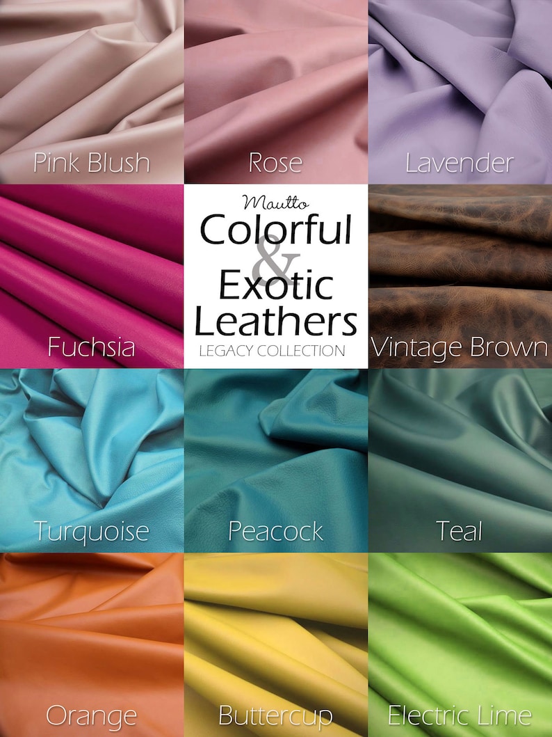 Genuine leather colors grid of swatches, with leather color names. Collection of exotic and colorful colors, including pinks, blues, greens, purples and yellow or orange.