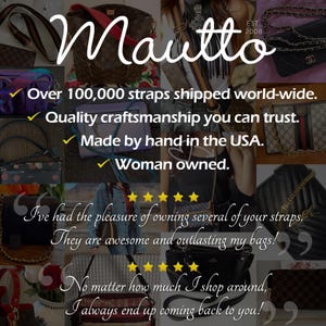 A chart of Mautto leather strap features and customer testimonials.