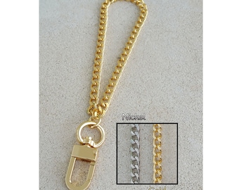 GOLD or NICKEL Chain Wrist Strap - Mini Diamond Cut Classy Curb Chain - 1/4" Wide - Choose Size and Attachable Hook