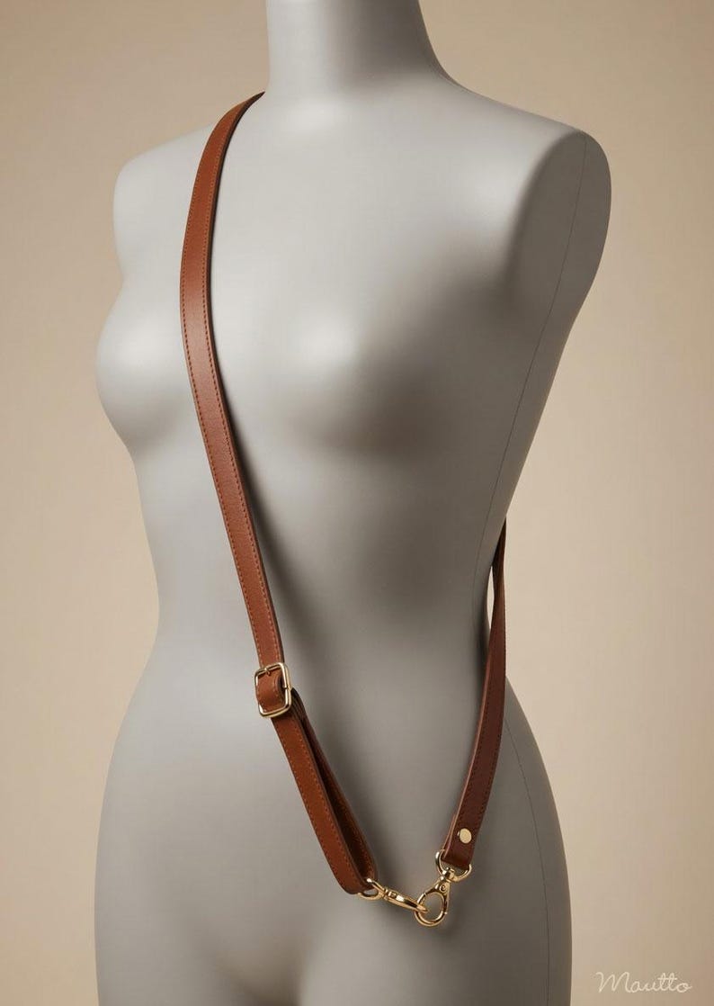 Across the body leather strap, shown in an adjustable configuration on a mannequin.