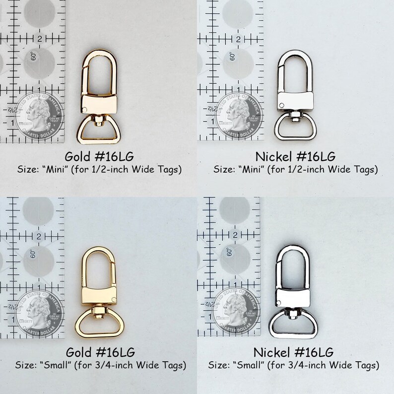 Luggage tag clips with swiveling base so luggage tag lays flat on bag or suitcase. Gold or silver available. Handbag or travel accessory. Shown next to an inches ruler.