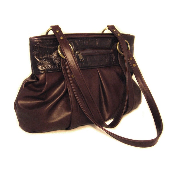 Large Shoulder Bag - Chestnut Brown Leather Strapped-Pleated - Brown Croc Leather - Brushed Gold Hardware - SARAH