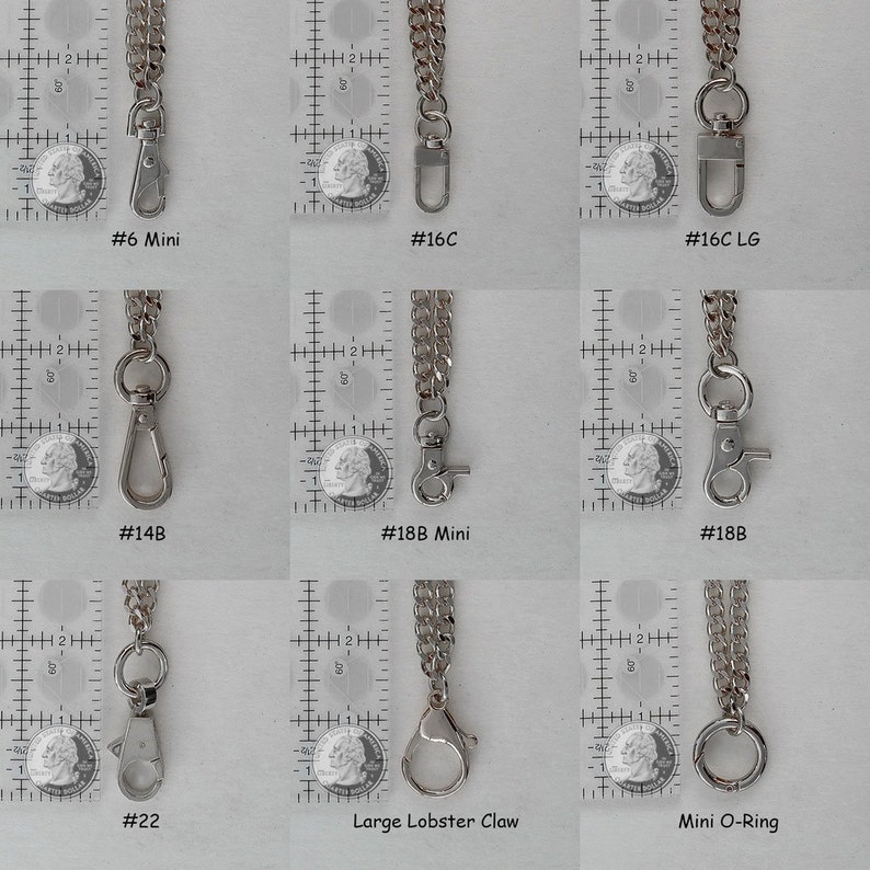 Clip styles and finishes available for chain wrist straps.