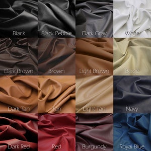 Genuine leather colors grid of swatches, with leather color names. Collection of modern colors, including blacks, browns, tans, reds and navy.