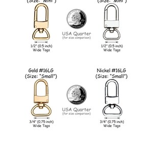 Luggage tag clips with swiveling base so luggage tag lays flat on bag or suitcase. Gold or silver available. Handbag or travel accessory. Sizing view.