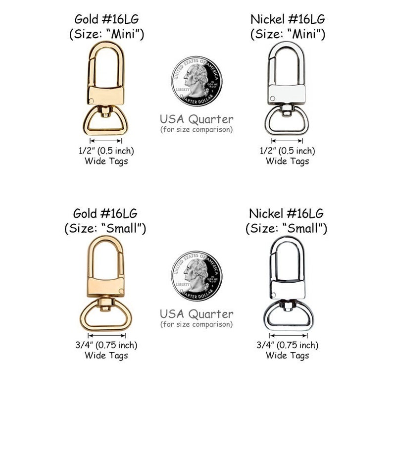 Luggage tag clips with swiveling base so luggage tag lays flat on bag or suitcase. Gold or silver available. Handbag or travel accessory. Sizing view.