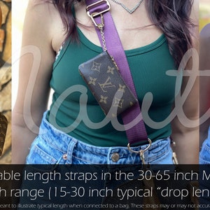 Photos of people wearing adjustable length straps on their bags.