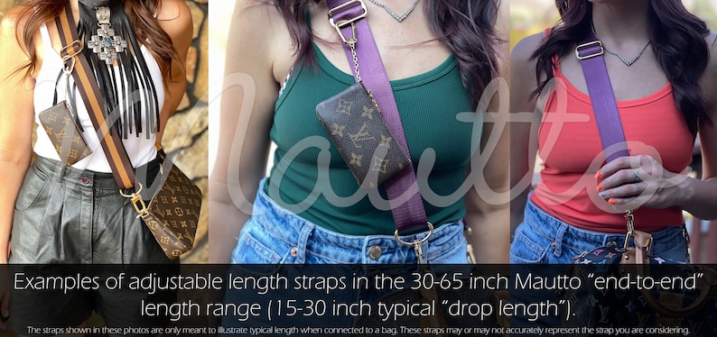 Photos of people wearing adjustable length straps on their bags.