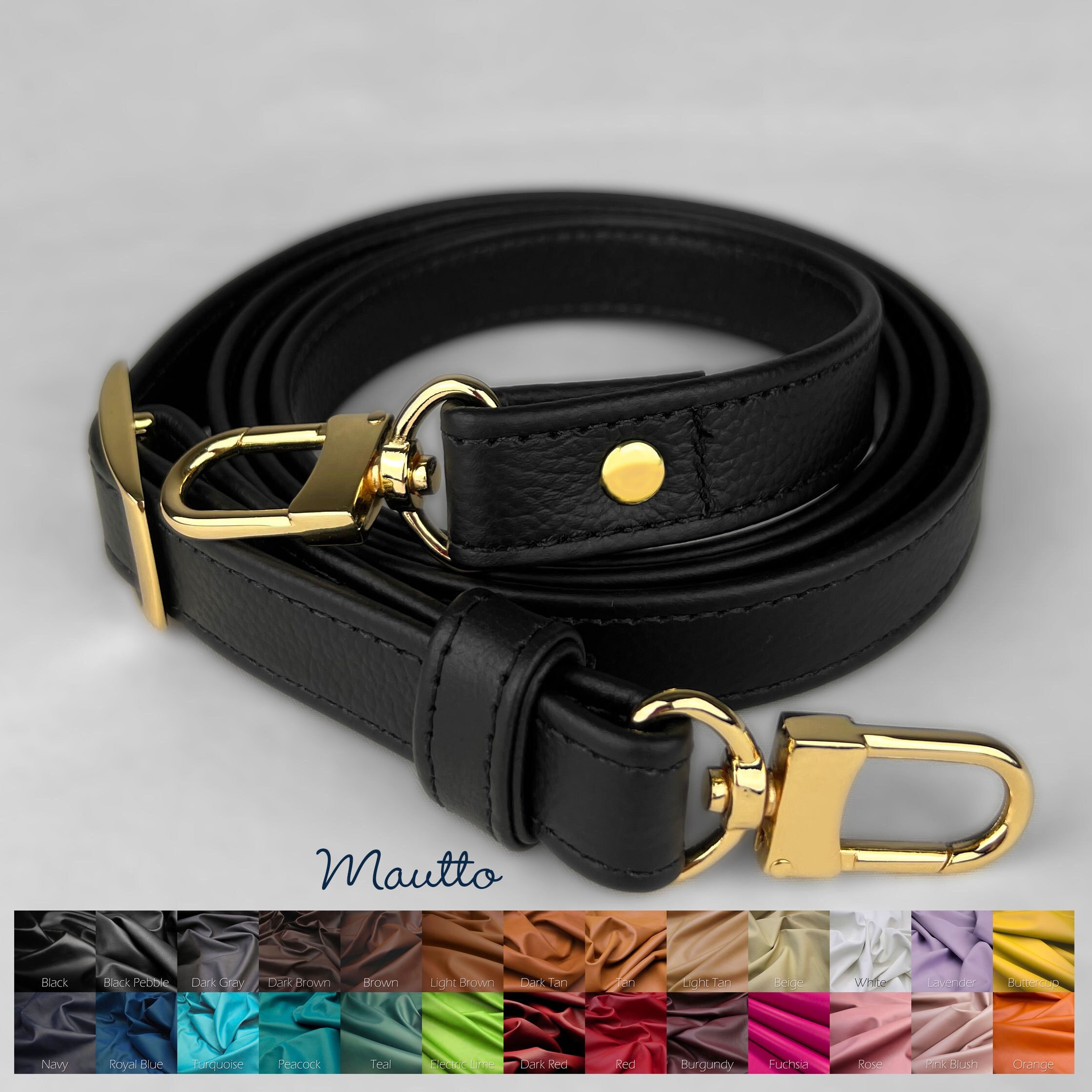 Mautto Adjustable Leather Strap, Shoulder to Crossbody Length - Modern Colors Black Pebble Leather / #16 Gold-Tone