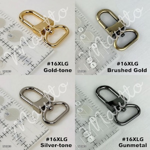 Photos of metal hardware clasps for purse guitar straps in various colors.