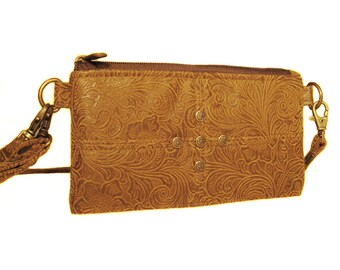 Light Brown Suede Like Leather Wallet in Floral Embossed Print - ANNIE