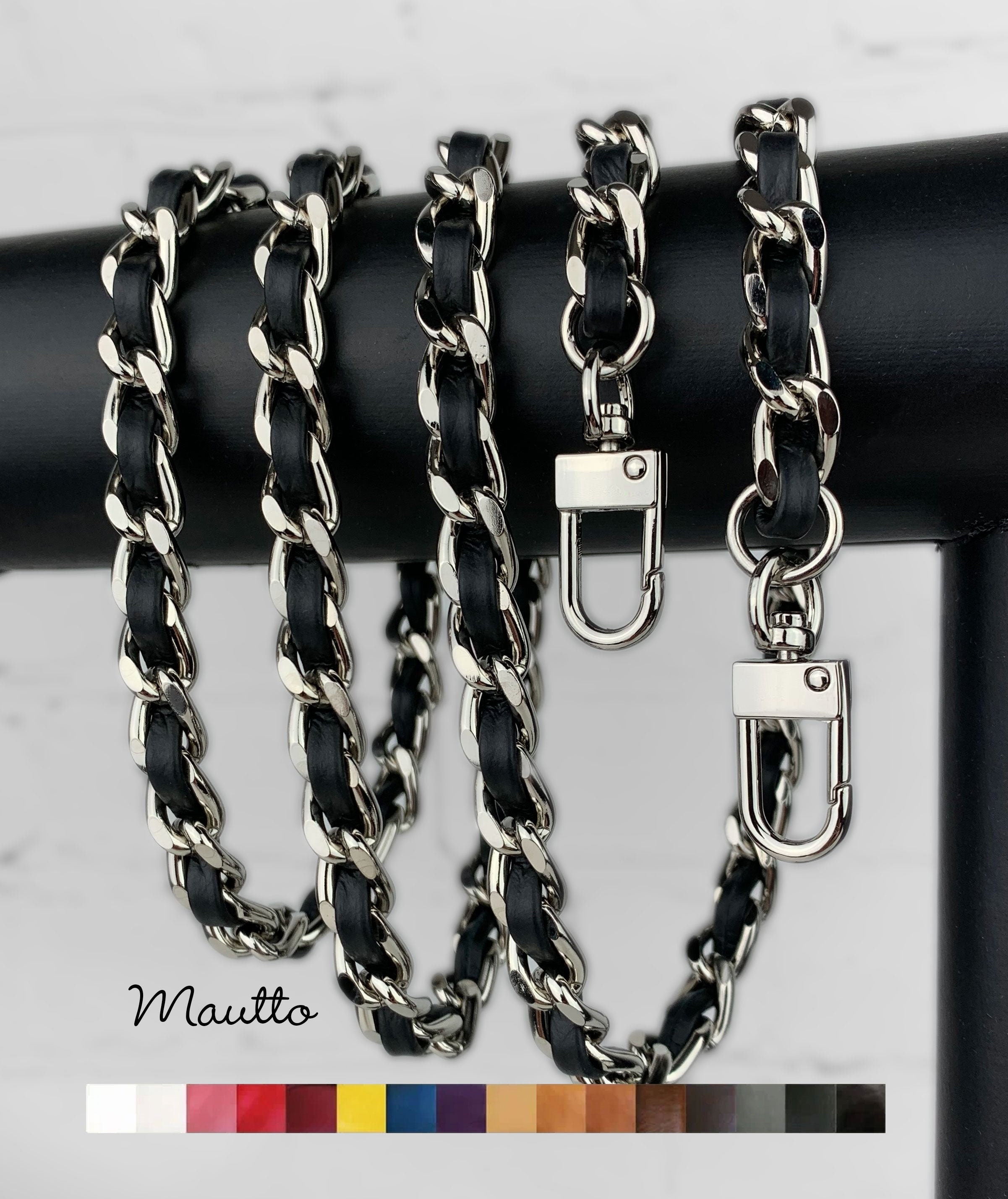 Mautto Black Leather Strap (13mm Petite Width) for LV Pochette, Alma, Eva Etc 60 Extra Long Crossbody / Silver-Tone