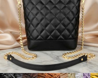 Gold Chain Bag Strap with Leather Handle – Diamond Cut Curb Chain, Customize Color & Length