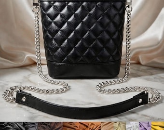 Silver Chain Bag Strap – Leather Handle, Large Curb Chain on Sides, Customize Length & Color