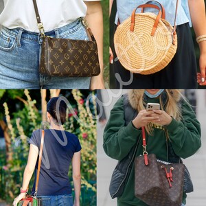 Photos of women wearing long shoulder and crossbody length straps on purses and handbags.