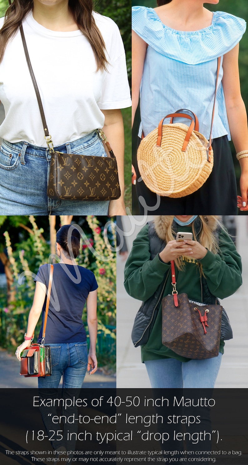 Photos of women wearing long shoulder and crossbody length straps on purses and handbags.