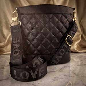 LOVE Bag Strap, Gray Letters on Black Nylon, 1.5" Wide, Shoulder to Crossbody Length