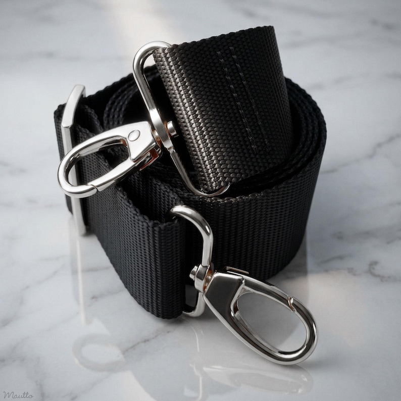 Extra wide, guitar-style strap for handbags and purses. Soft and thick nylon material with heavy duty silver hardware.