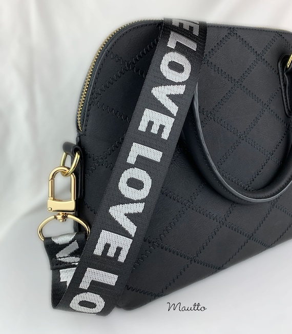 Black & Silver LOVE Strap for Bags 1.5 Wide Nylon Adjustable Length U Shape  Style 16XLG Hooks gold, Brushed, Nickel or Gunmetal 