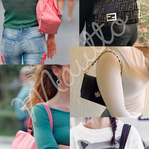 Photos of short shoulder length straps on handbags and purses.