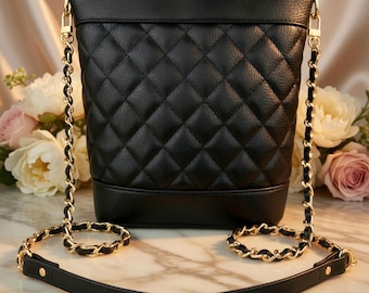 Ultra Luxe Black Leather-woven Gold Chain Strap with Leather Shoulder Section for Designer Bags