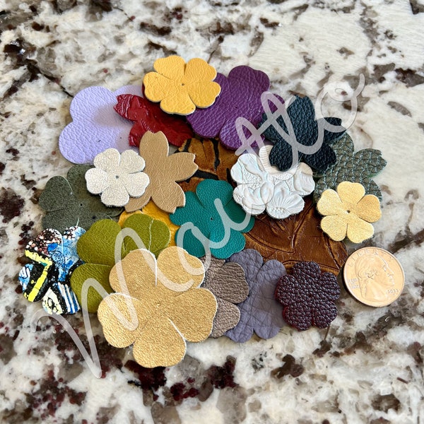 Leather Flower Cut-outs for DIY Crafting Jewelry Making Art Projects Scrap Booking - 20 Colorful Flower Pieces 1-2 inch Sizes & Shapes