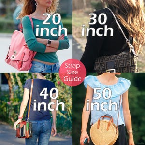 Strap length size guide showing popular lengths from short shoulder to extra long cross body styles.