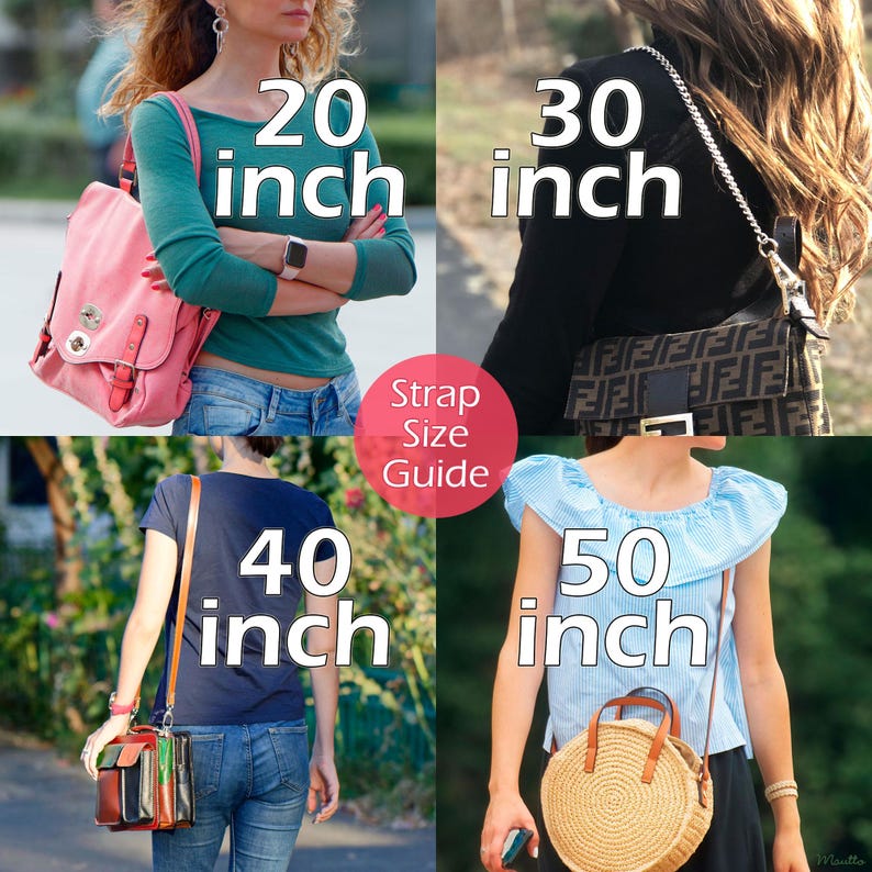 Strap length size guide showing popular lengths from short shoulder to extra long cross body styles.