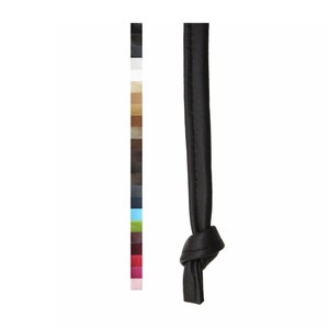 May include: A black leather cord with a knotted end. The cord is about 1/2 inch wide.