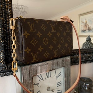 Gold strap extender for Louis Vuitton LV bags, purses, handbags, accessory purses and more, including Pochette, Metis, Speedy, Alma, and more. Choice of length. Lengthen your short strap to fit your needs. Made by hand in the USA. Customer photo.