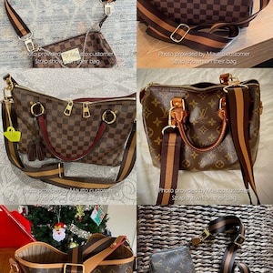 Photos of designer purses and handbags with fabric crossbody straps attached.