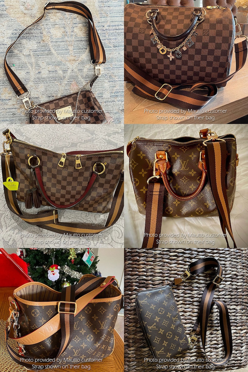 Photos of designer purses and handbags with fabric crossbody straps attached.