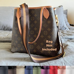 Photo of neverfull tote with crossbody strap conversion kit applied on bag, and available color swatches near bottom.