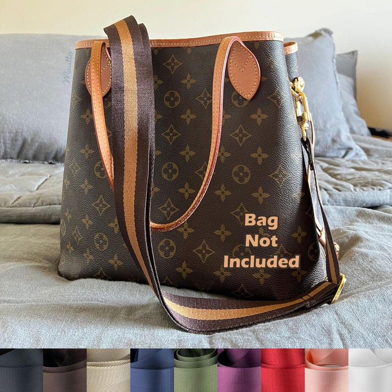 Photo of neverfull tote with crossbody strap conversion kit applied on bag, and available color swatches near bottom.
