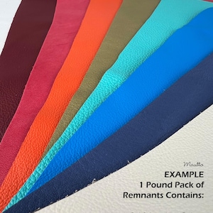 Colorful leather scraps and remnants in red, orange, green, light blue, dark blue, beige and more. Example pack shown.