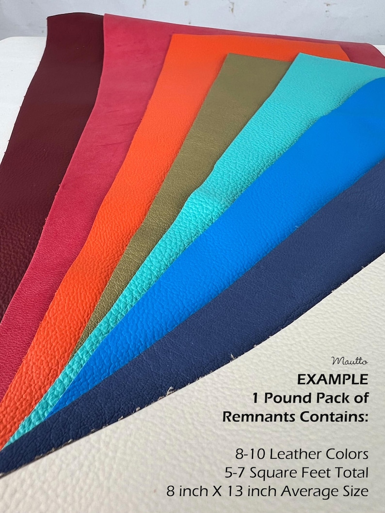Colorful leather scraps and remnants in red, orange, green, light blue, dark blue, beige and more. Example pack shown.