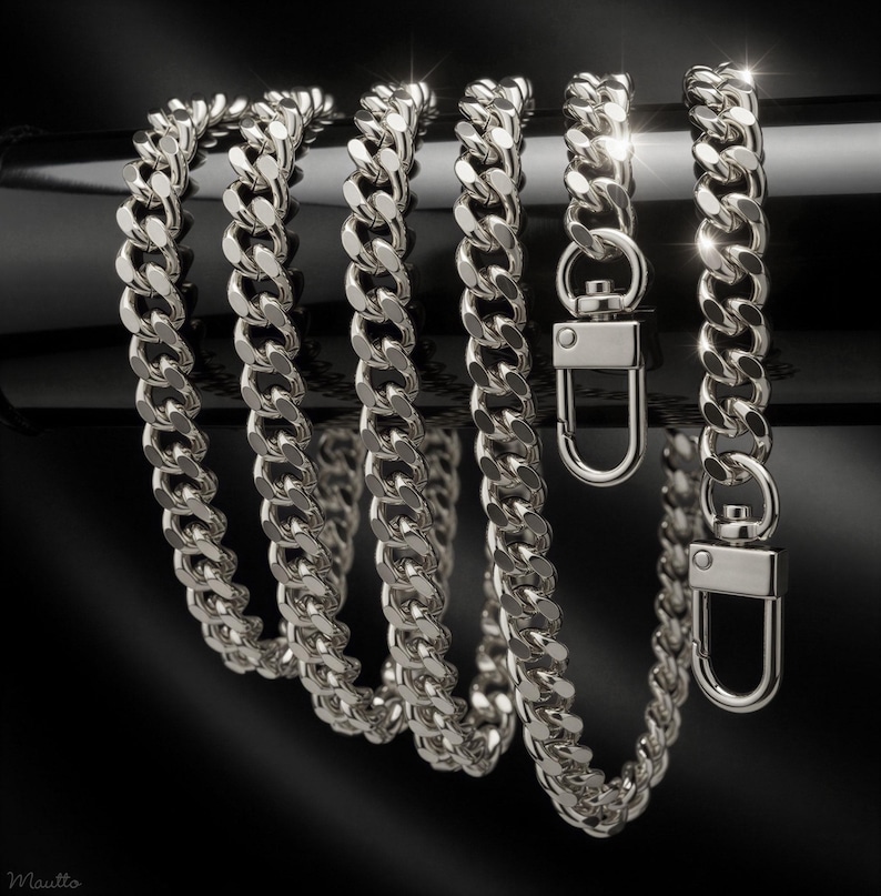 Silver fancy link chain straps for purses, handbags of all sizes and styles and phone cases. Diamond cut accents for a luxurious look, night outs, sophisticated events, weddings and more.